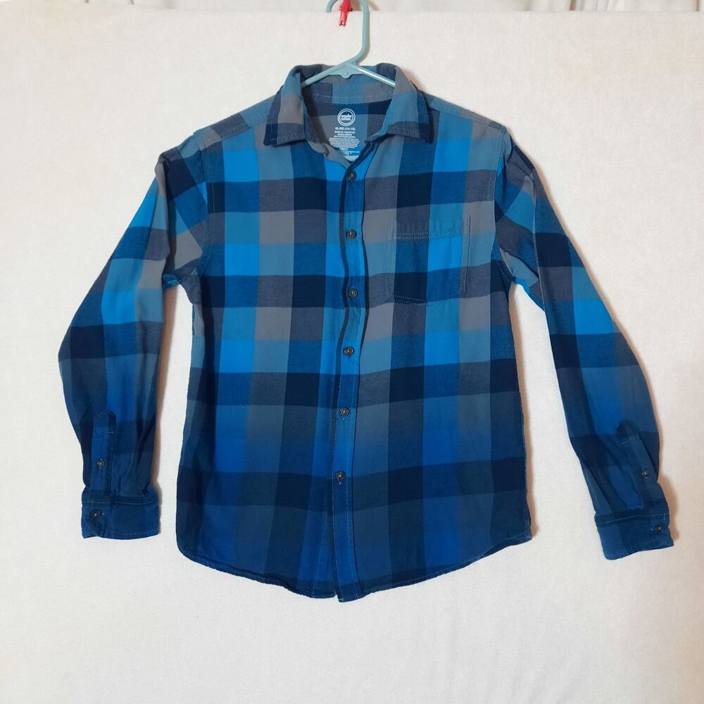 EUC Wonder Nation COTTON Flannel OMBRE Blue Black Plaid Shirt, Layers, XL 14-16